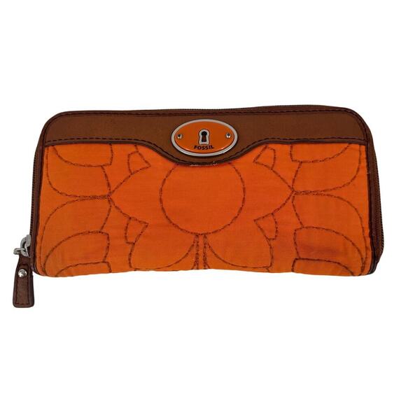 Fossil Wallet Clutch Orange Floral Quilted Nylon Brown Leather Zip Around - Picture 1 of 13